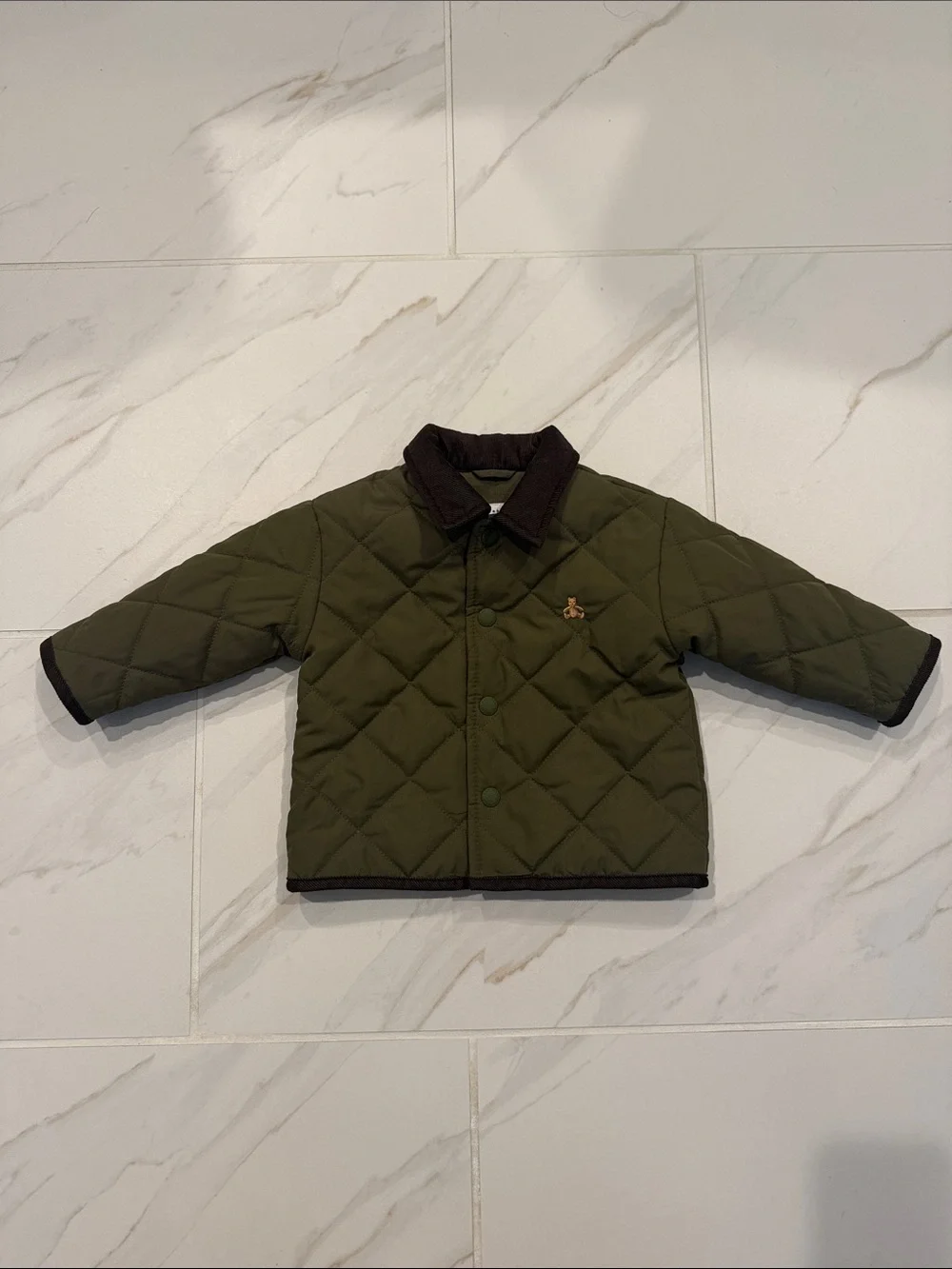 GAP Olive Green Quilted Puffer Jacket with Dark Contrast Collar